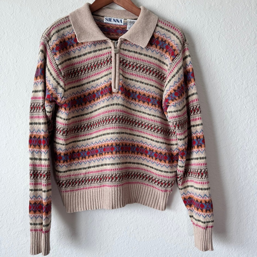 Sienna Vintage Fair Isle Quarter Zip Womens L Ramie Cotton Sweater Cottagecore
